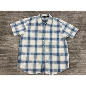 Krazy Kat Top Womens Large‎ Blue White Short Sleeve Checkered Button Up Cotton